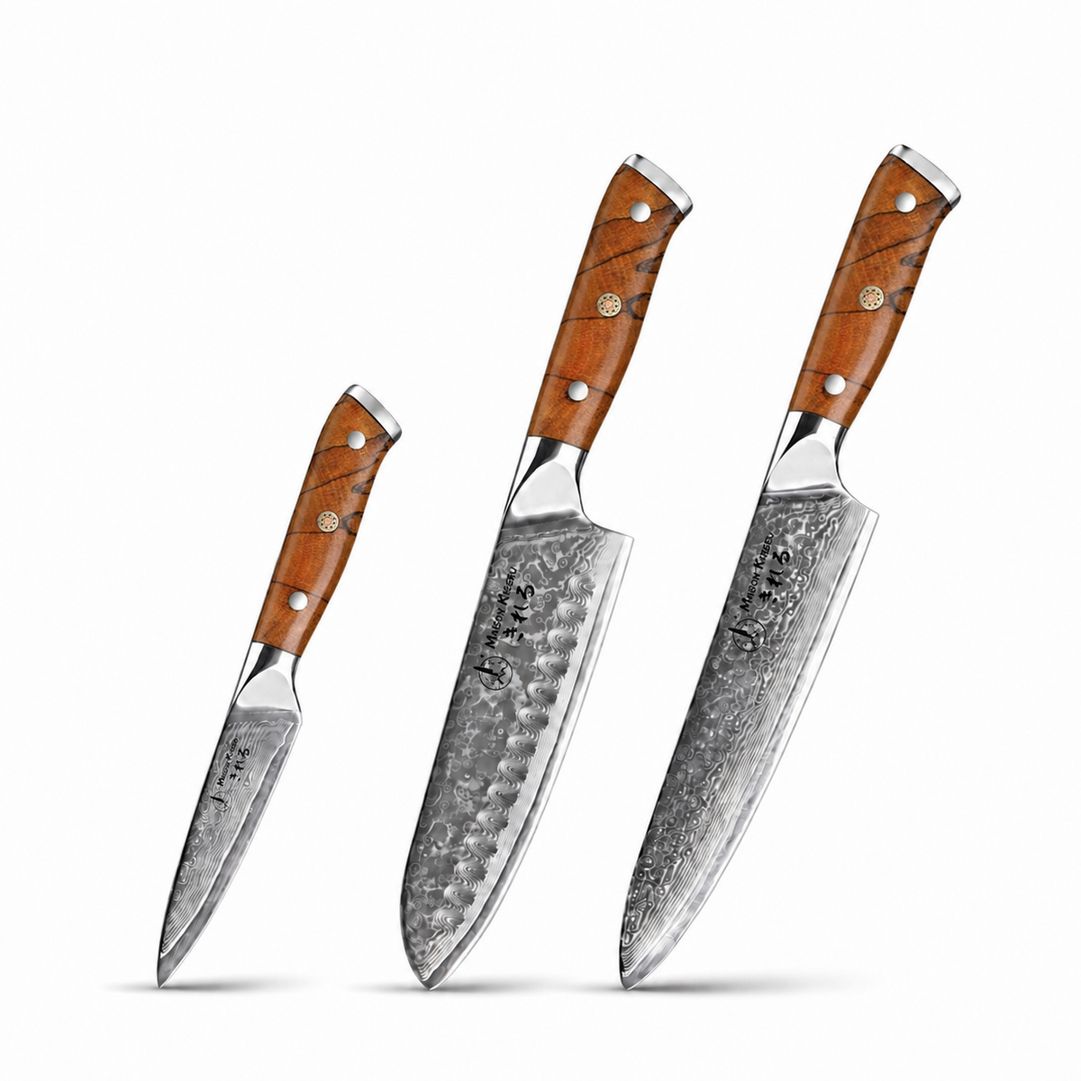 Couteaux Japonais Damas · Set de 3 · Chef Okaza · Forest Marble