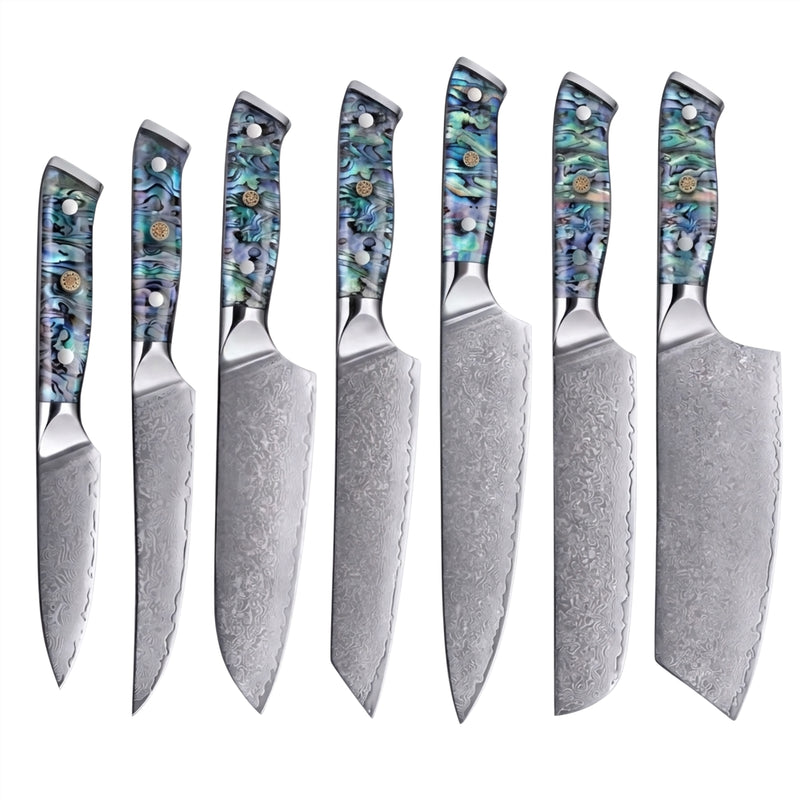 Couteaux Japonais Damas · Set de 7 · Chef Okaza · Nacre Ormeau