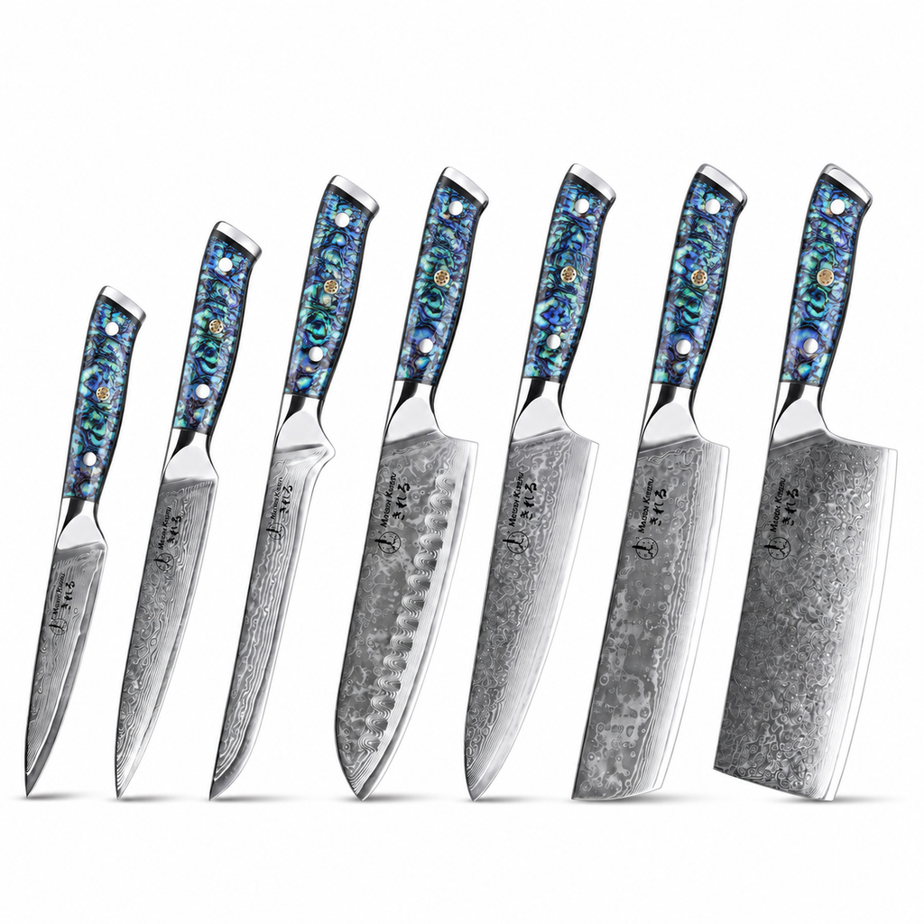 Couteaux Japonais Damas · Set de 7 · Chef Okaza · Nacre Ormeau