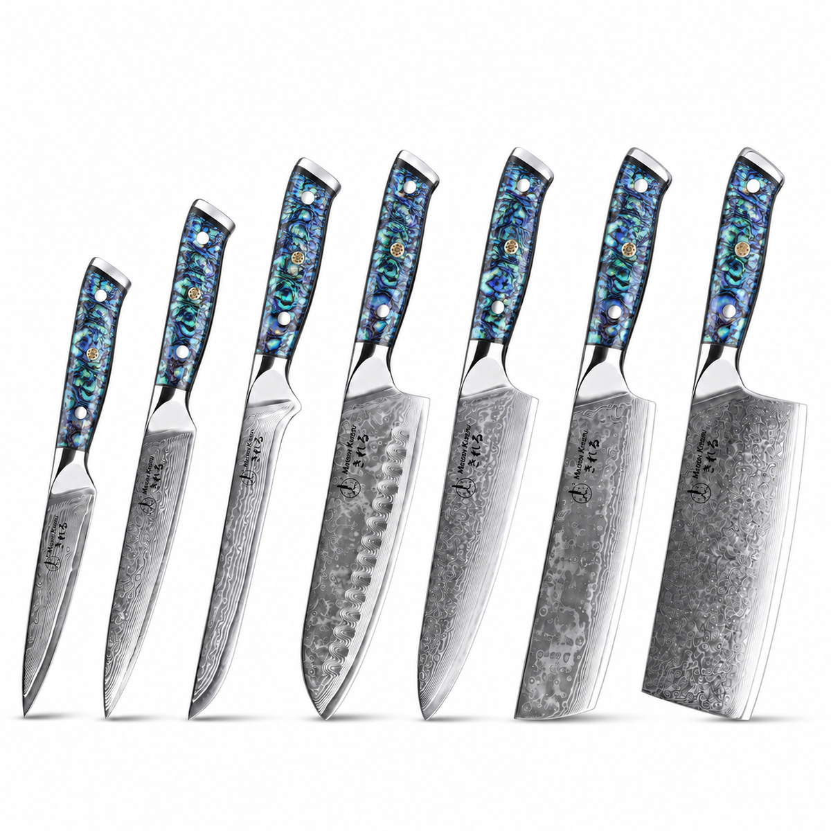 Couteaux Japonais Damas · Set de 7 · Chef Okaza · Nacre Ormeau