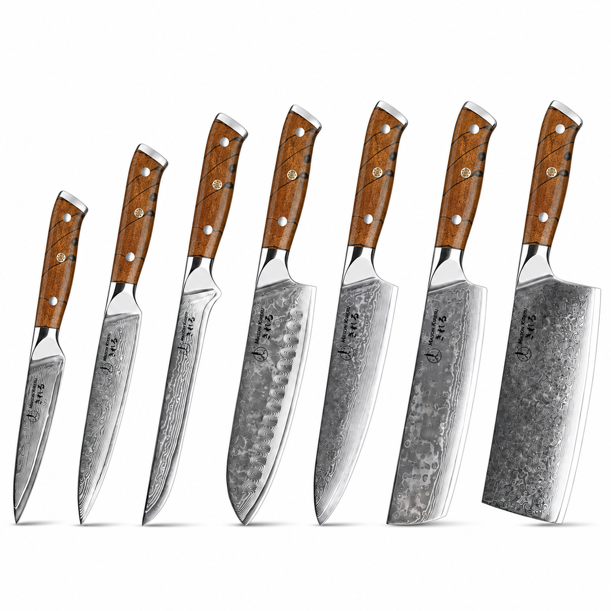 Couteaux Japonais Damas · Set de 7 · Chef Okaza · Forest Marble