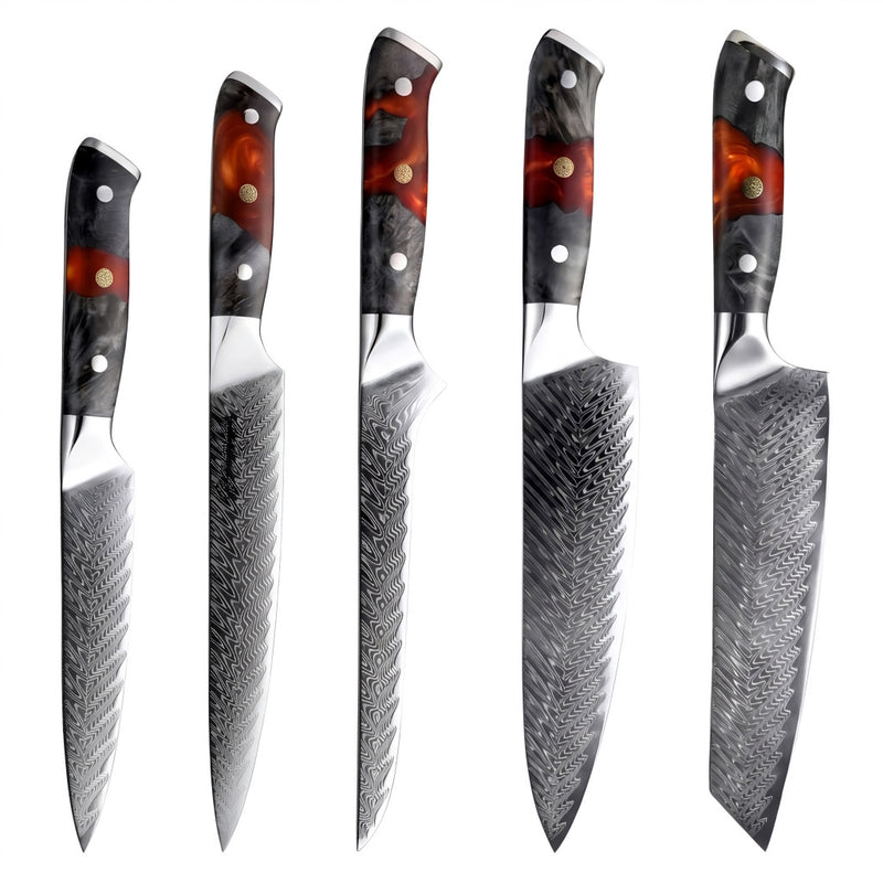 Couteaux Japonais Damas · Set de 5 · Chef Okaza · Rouge Onyx