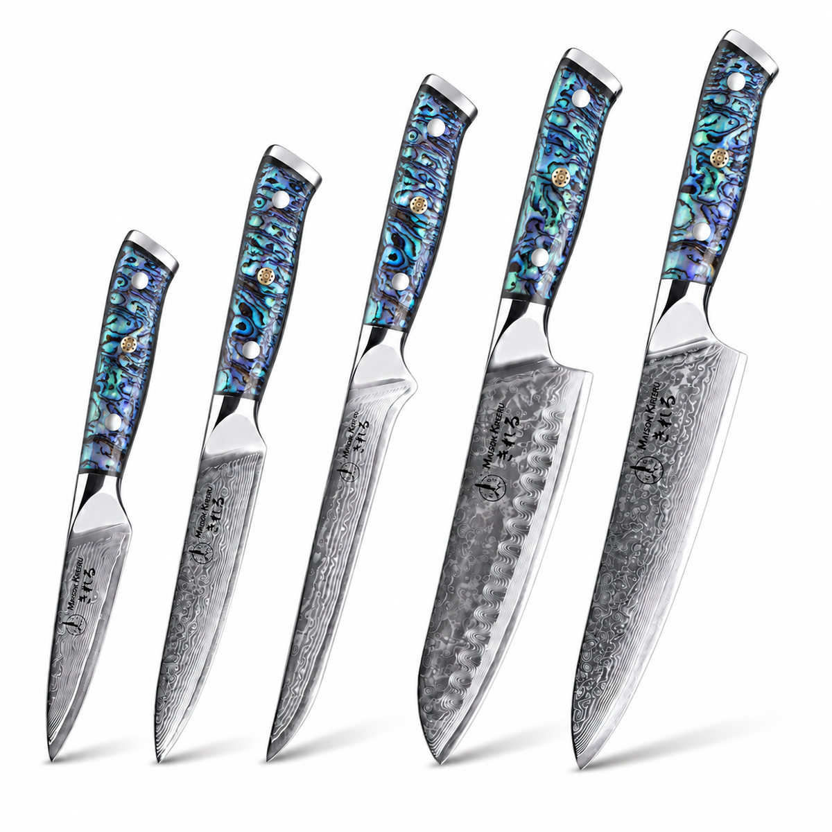 Couteaux Japonais Damas · Set de 5 · Chef Okaza · Nacre Ormeau