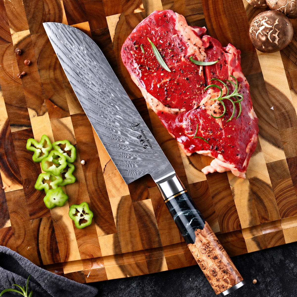 Set couteau santoku et d'office Japonais · Kuro Damas · Obsidienne Royal