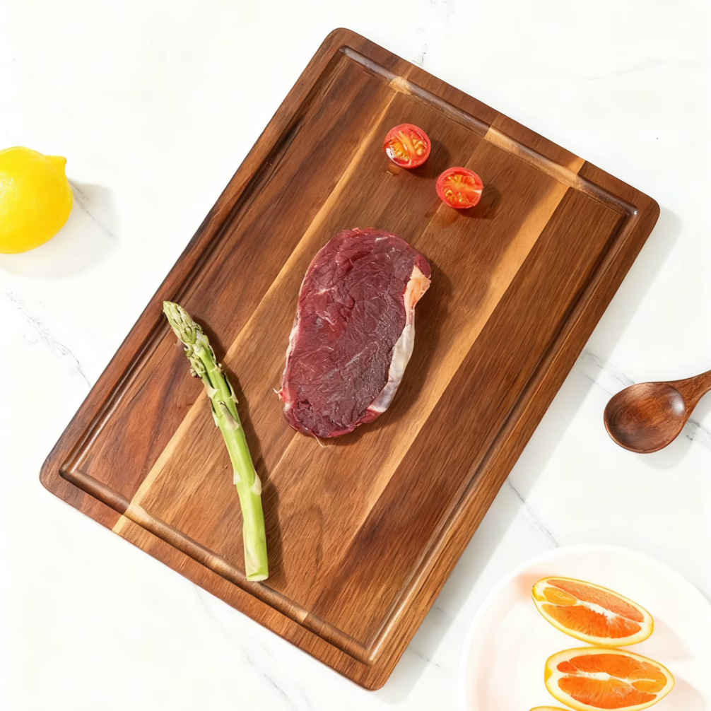 Planche en acacia avec rigole à jus, vue de dessus