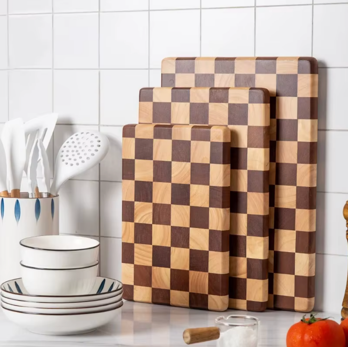 Planche à Découper Damier en Bois de Bout