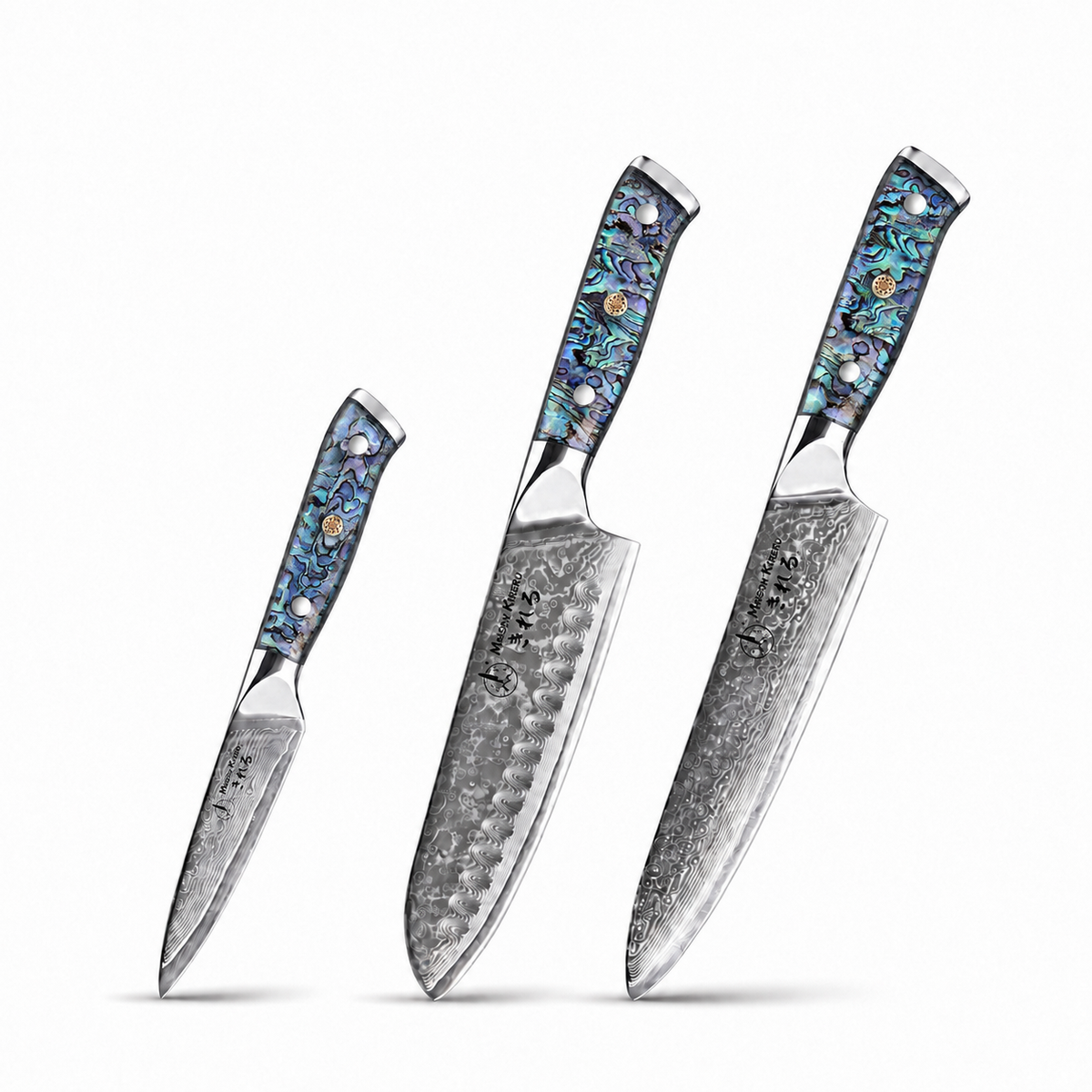Couteaux Japonais Damas · Set de 3 · Chef Okaza · Nacre Ormeau
