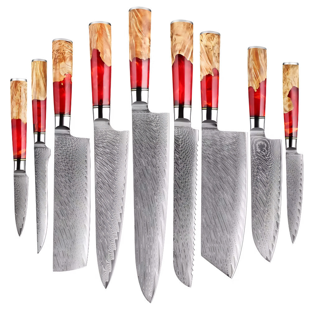 Set de 9 couteaux Japonais - Kuro Damas - Rubis Royal
