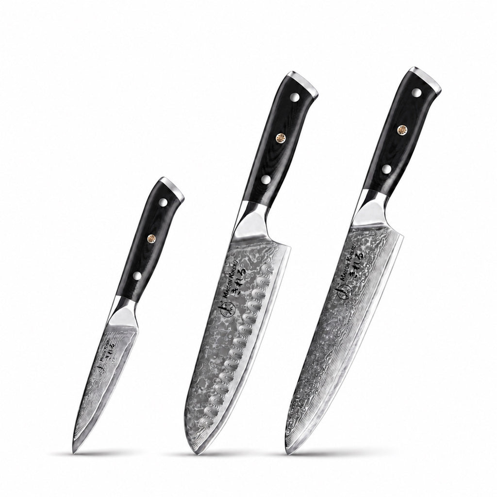 Couteaux Japonais Damas · Set de 3 · Chef Okaza · Noir Essentiel