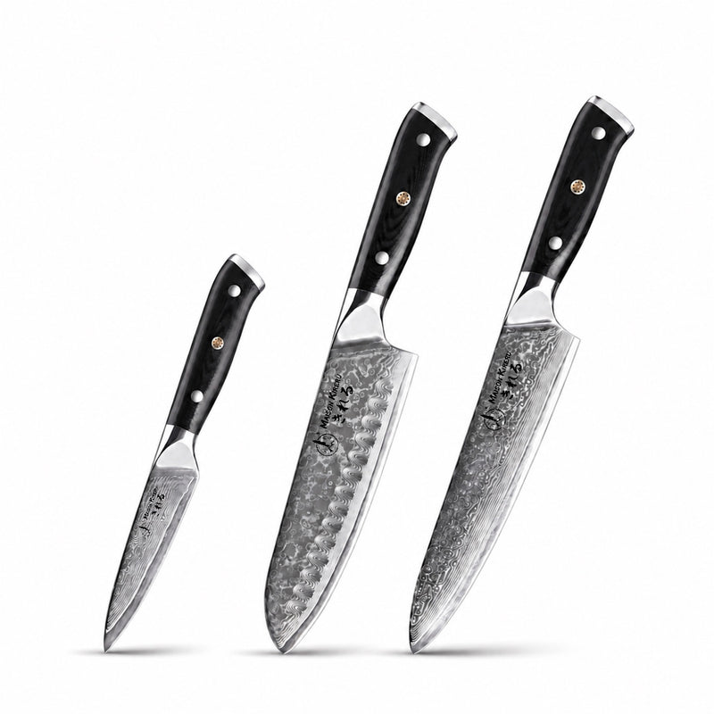 Couteaux Japonais Damas · Set de 3 · Chef Okaza · Noir Essentiel